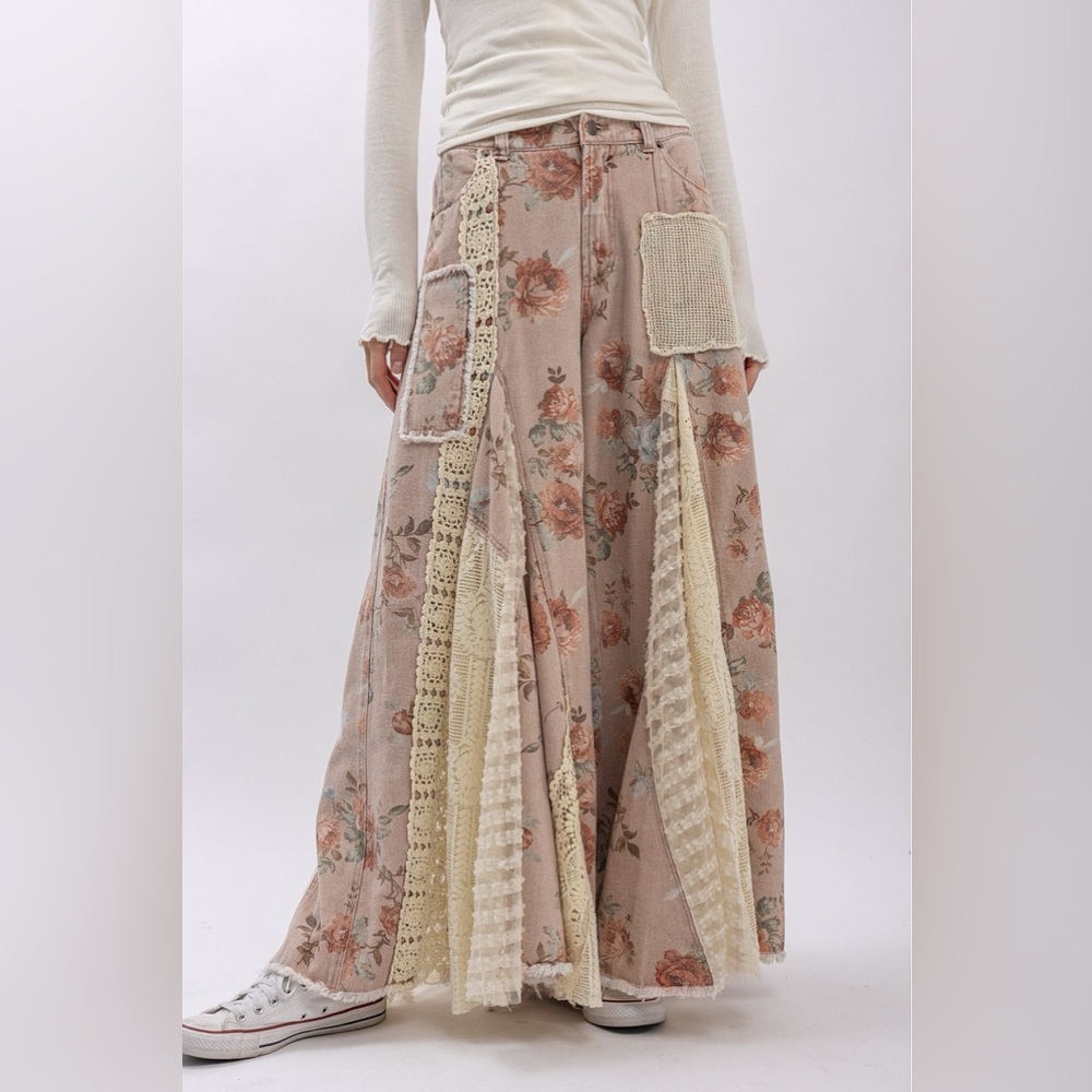 NWT Floral Print Boho Patchwork Lace Panel Ultra Wide Leg Flare Bohemian Pants - Picture 9 of 14